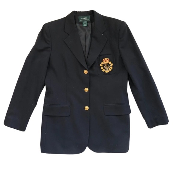 Ralph Lauren- Navy Blue Wool Vintage Crested Blazer Jacket - Picture 1 of 9
